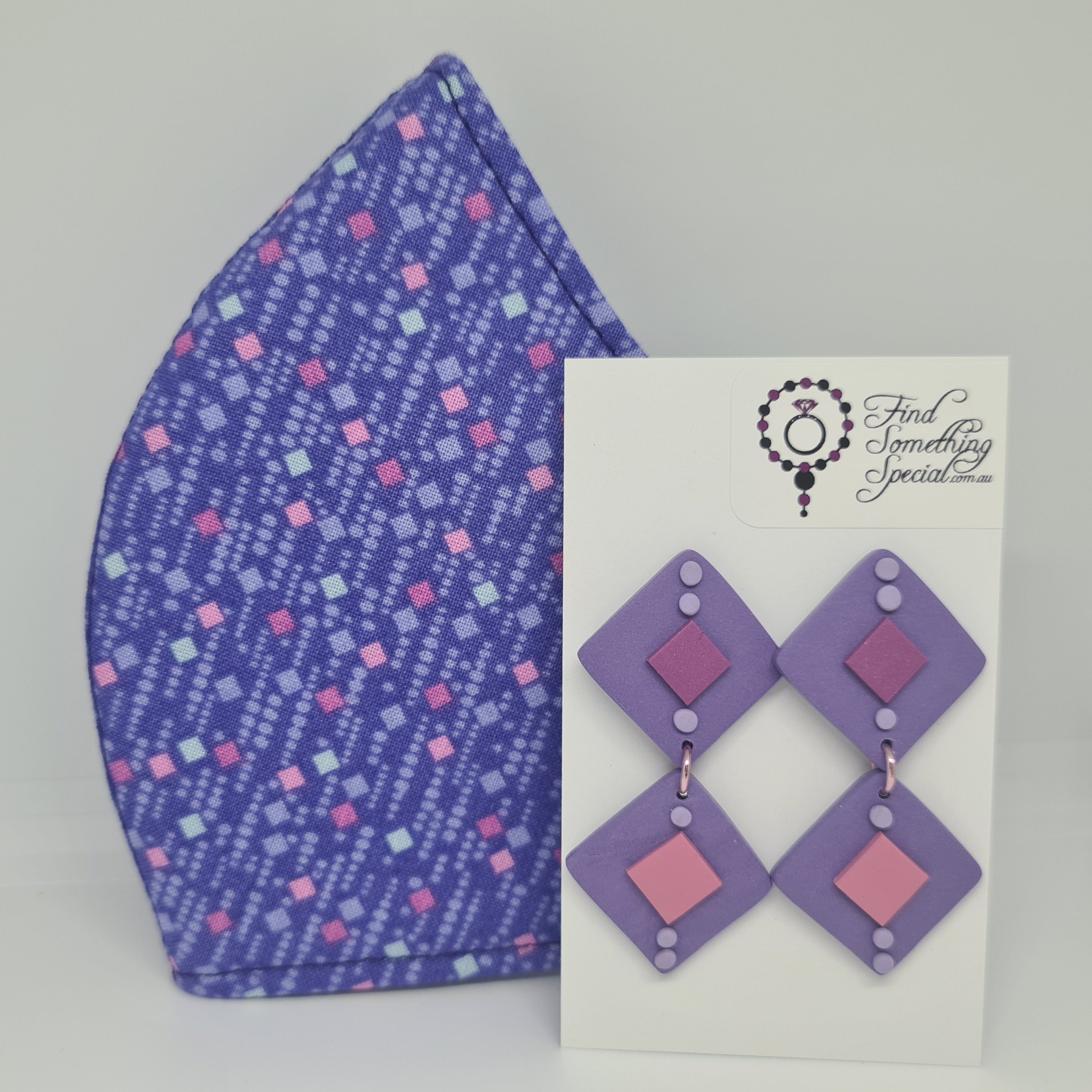 Handmade Face Mask with Matching Polymer Clay Earrings - pink/purple diamonds Design A Handmade Face Mask with Matching Polymer Clay Earrings - pink/purple diamonds Design A