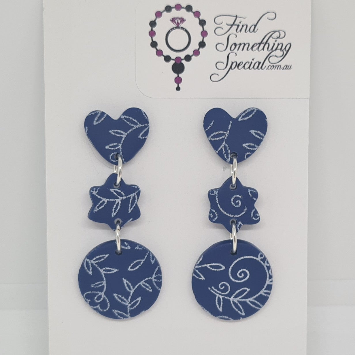 Polymer Clay Earrings heart/star/circle  - Blue with white print Polymer Clay Earrings heart/star/circle  - Blue with white print