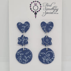 Polymer Clay Earrings heart/star/circle  - Blue with white print