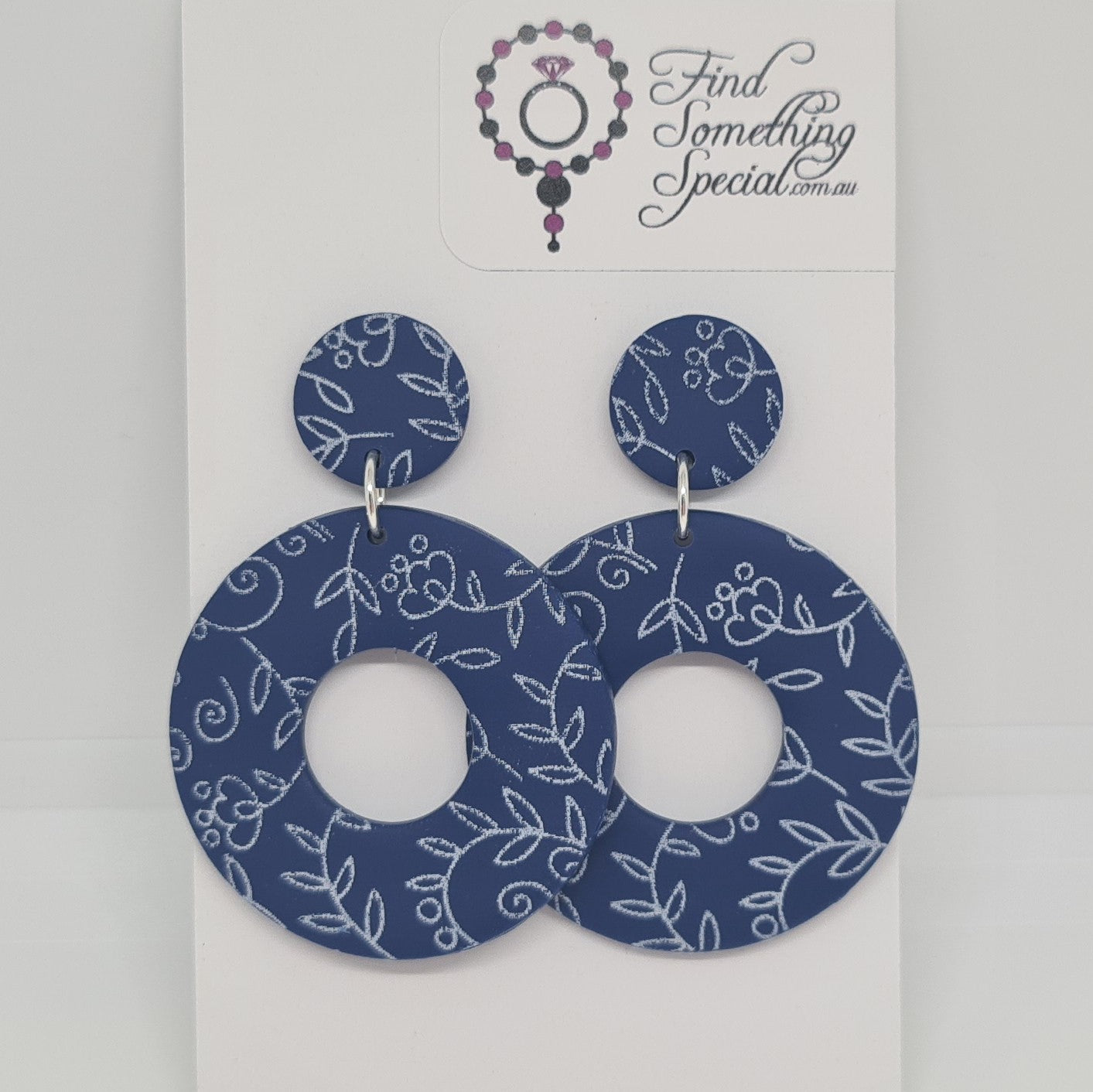 Polymer Clay Earrings Small circle/ big donut  - Blue with white print Polymer Clay Earrings Small circle/ big donut  - Blue with white print