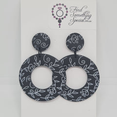 Polymer Clay Earrings Small circle/ big donut  - Black with white print