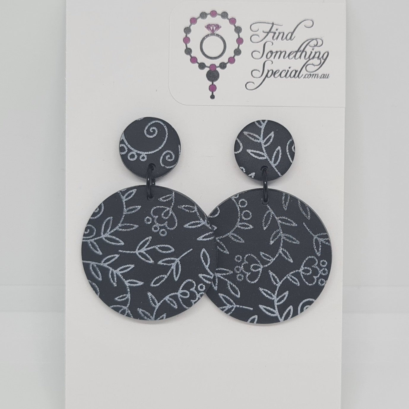 Polymer Clay Earrings Small/Big Circles  - Black with white print Polymer Clay Earrings Small/Big Circles  - Black with white print