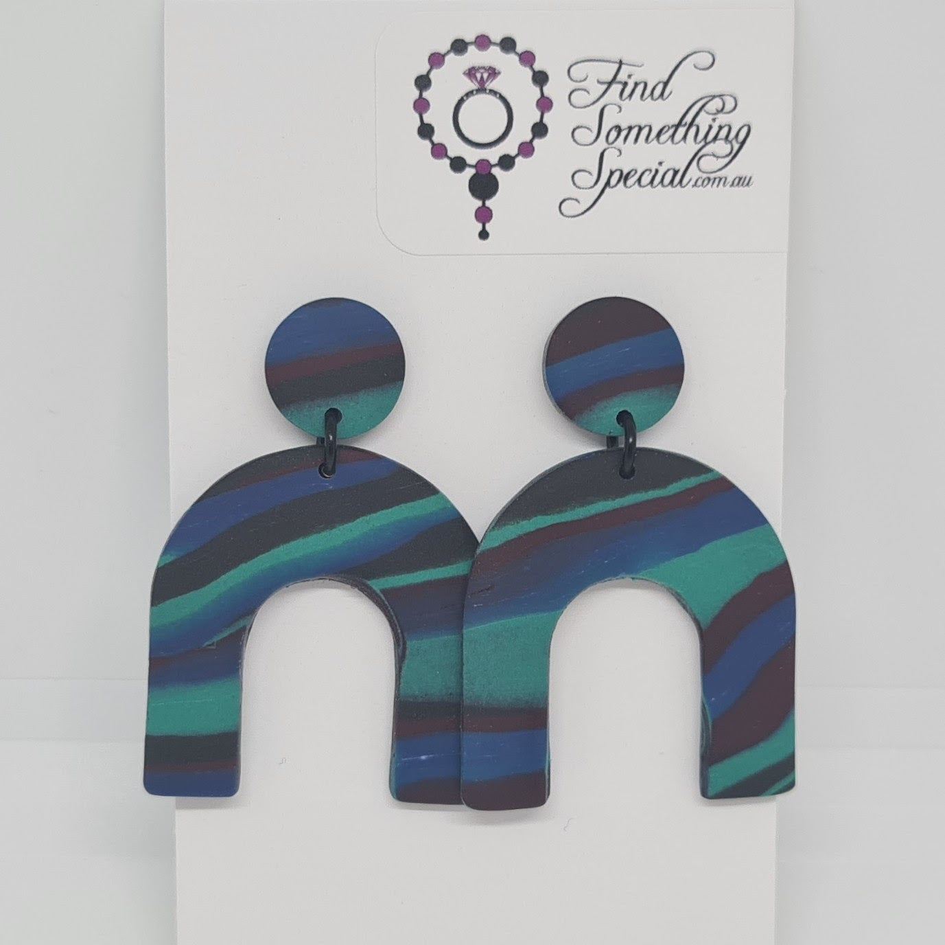 Polymer Clay Earrings Small circle with arch  - Black with blue/green/red stripe Polymer Clay Earrings Small circle with arch  - Black with blue/green/red stripe