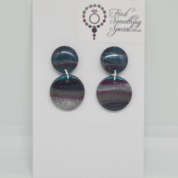 Polymer Clay Earrings Circle/Med Circle  - Shimmer Galaxy Swirl