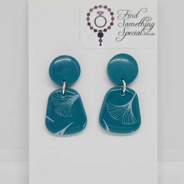 Polymer Clay Earrings Circle/Trapezium  - Teal with Plant Print