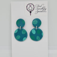 Polymer Clay Earrings Double Circles  - Teal Polka Dots