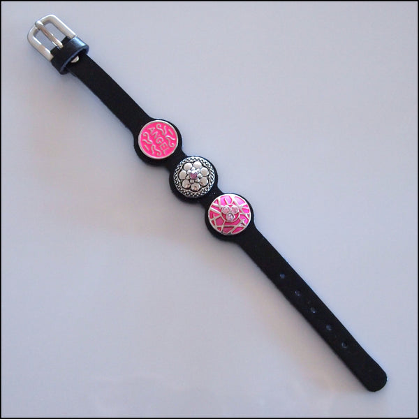 Thin Leather 3 Snap Bracelet with Buckle Black - Set 2