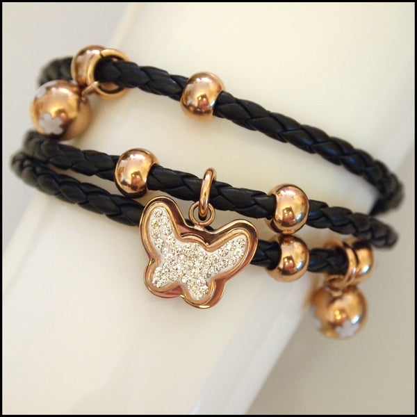Leather Layered Magnetic Butterfly Bracelet Rose Gold on Black