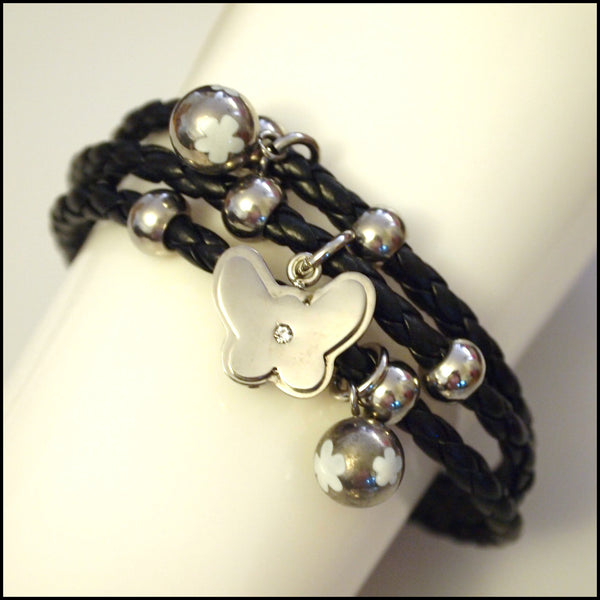 Leather Layered Magnetic Butterfly Bracelet Silver on Black
