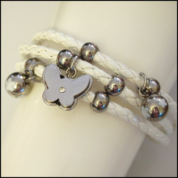 Leather Layered Magnetic Butterfly Bracelet Silver on White