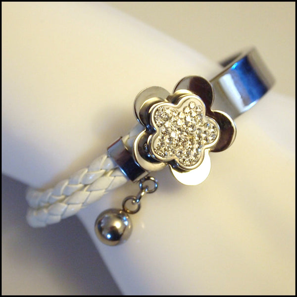 Leather Half Cuff Flower Bracelet Silver on White