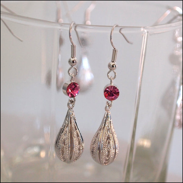 Crystal Rain Drop Earrings - Pink