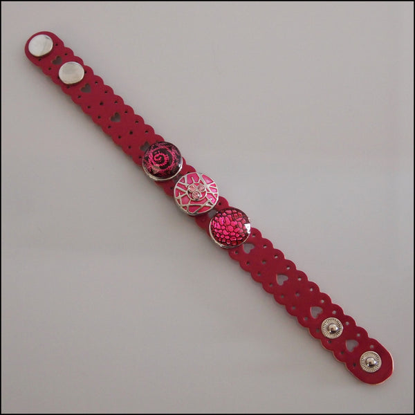 Heart Pattern Leather 3 Snap Bracelet Dark Pink - Set 2