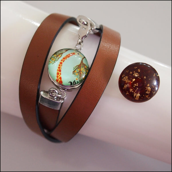 Leather Snap Button Wrap Bracelet - Brown