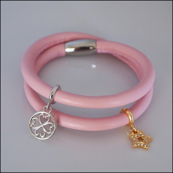 Double Leather Charm Bracelet - Pink