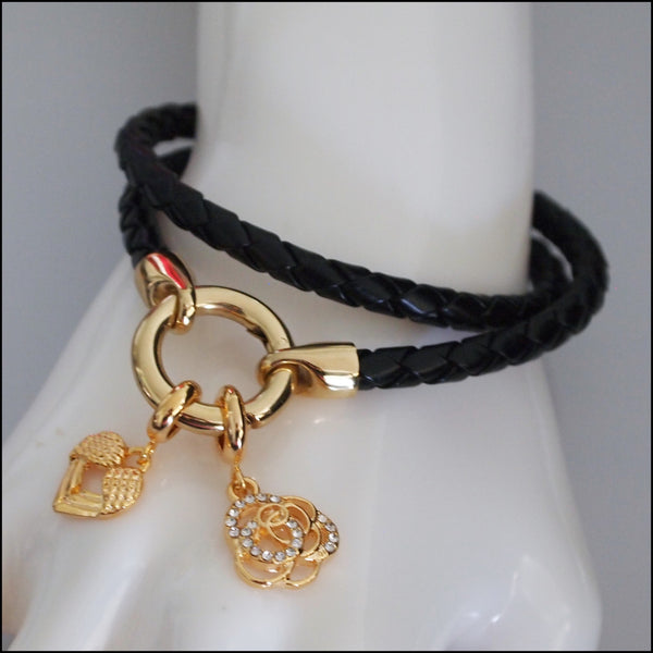 Rolo Leather Bracelet with Charms - Gold Plated