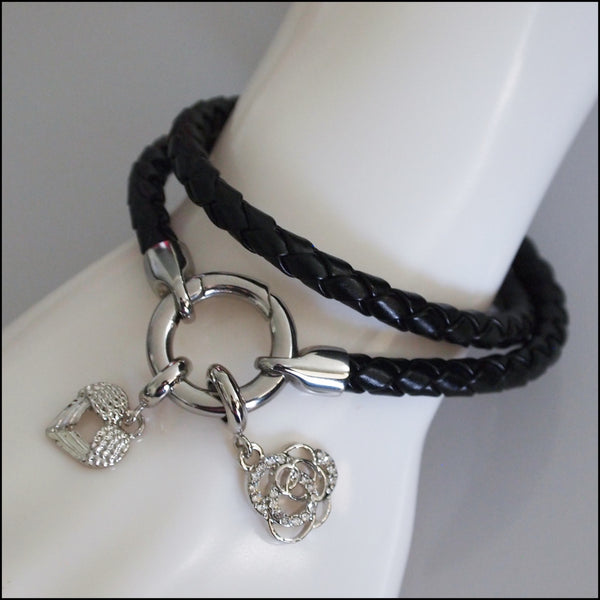Rolo Leather Bracelet with Charms - Silver Plated