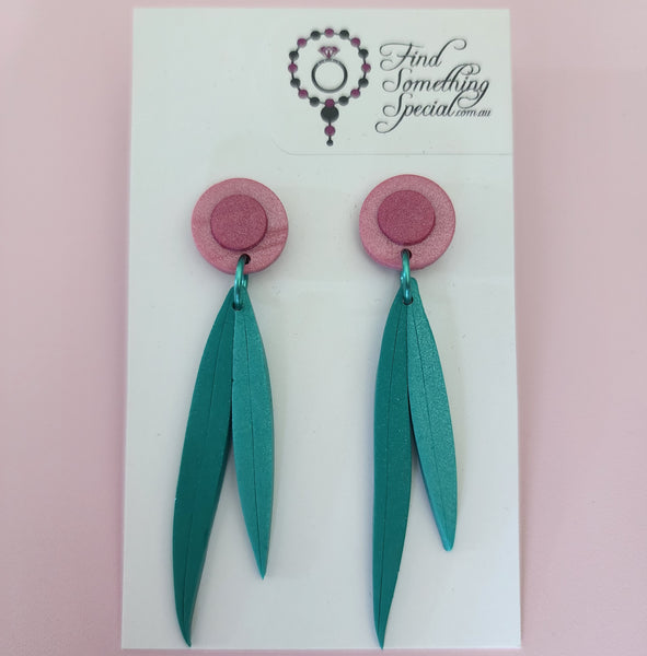 Polymer Clay Earrings  - Gum Blossom and Leaves - Pink and Green