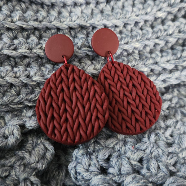 Polymer Clay Earrings - Large Tear Drop Knit - Deep Red/Burgundy