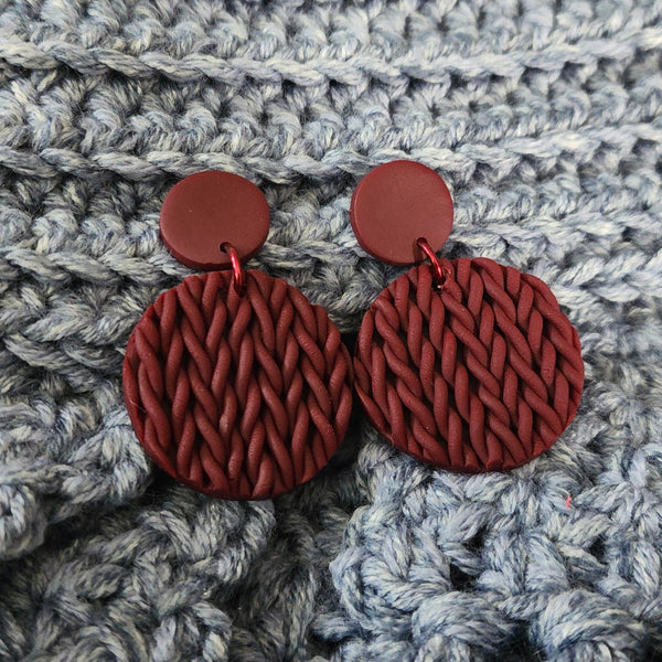 Polymer Clay Earrings - Large Circle Knit with Simple Top - Deep Red/Burgundy