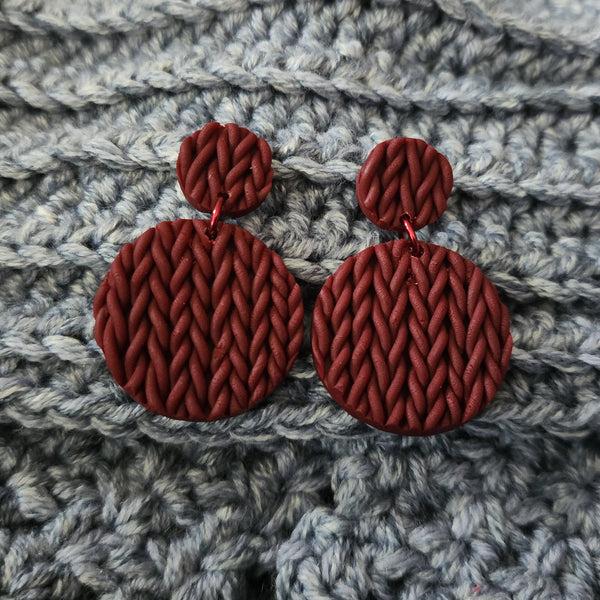 Polymer Clay Earrings - Large Circle Knit - Deep Red/Burgundy