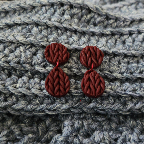 Polymer Clay Earrings - Tear Drop Knit - Deep Red/Burgundy