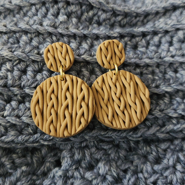 Polymer Clay Earrings - Large Circle Knit - Light Tan