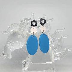 Polymer Clay Earrings - Oval Dangles - Blue and Silver