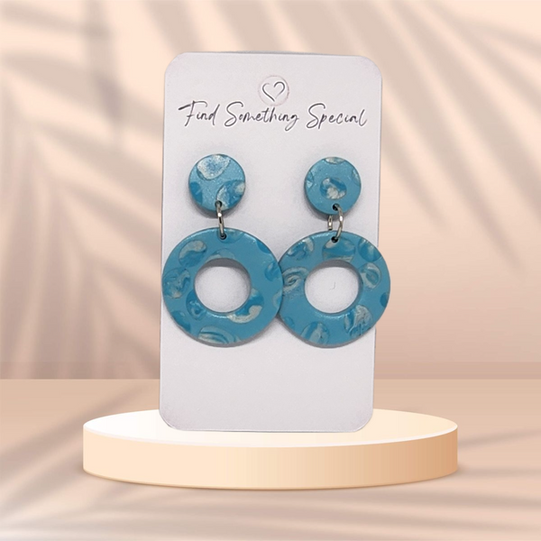 Polymer Clay Earrings Hollow Circles  - Sky Blue Dots