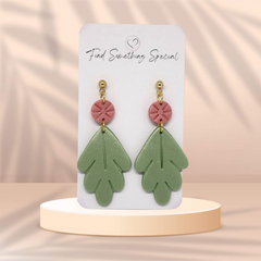 Polymer Clay Earrings - Dusty Pink and Sage Leaf Design