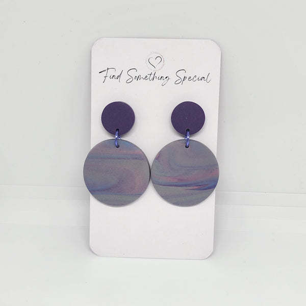Polymer Clay Earrings Small/Big Circles  - Purple/Grey Swirl