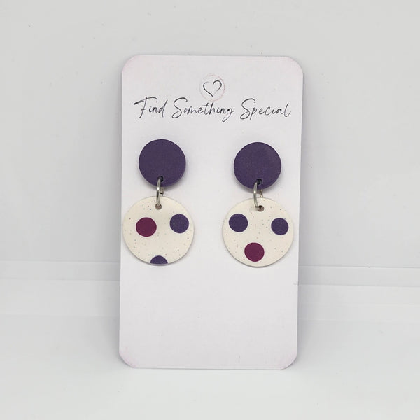 Polymer Clay Earrings Double Circles  - Purple & White with Dots