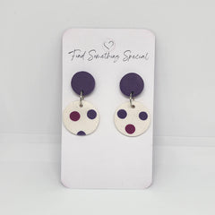 Polymer Clay Earrings Double Circles  - Purple & White with Dots