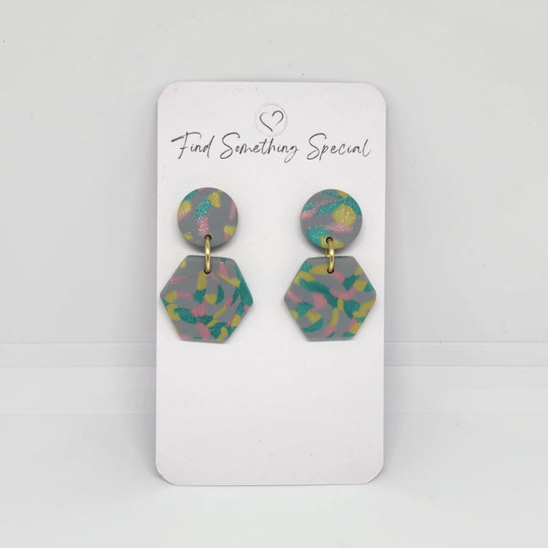Polymer Clay Earrings Circle/Small Hexagon  - Rainbow Speckle