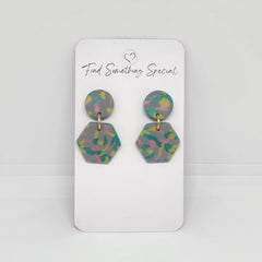 Polymer Clay Earrings Circle/Small Hexagon  - Rainbow Speckle