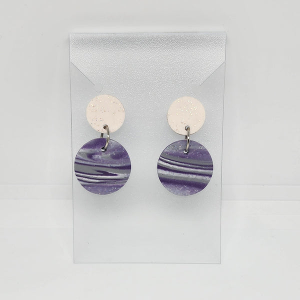 Polymer Clay Earrings Double Circles  - White & Purple Swirl