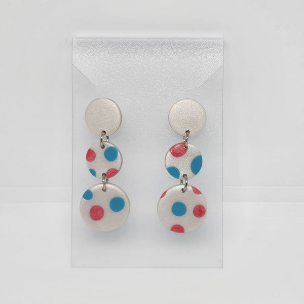 Polymer Clay Earrings Three Circles  - White with Blue & Red Dots
