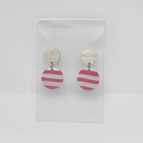 Polymer Clay Earrings Double Circles  - White with Pink Stripes
