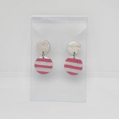 Polymer Clay Earrings Double Circles  - White with Pink Stripes