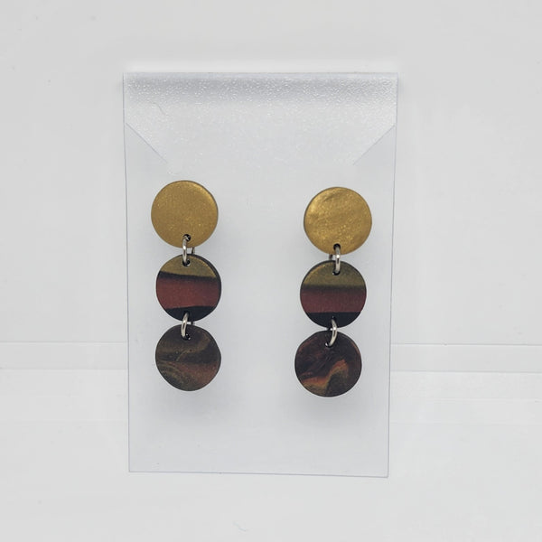 Polymer Clay Earrings Three Small Circles  - Black/Gold Bronze