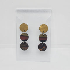 Polymer Clay Earrings Three Small Circles  - Black/Gold Bronze