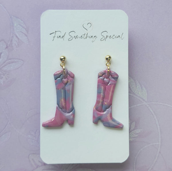Polymer Clay Earrings - Belle - Pink Purple & Gold - Boots