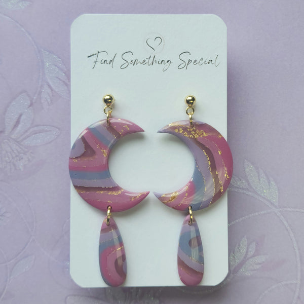Polymer Clay Earrings - Belle - Pink Purple & Gold - Moon Dangles