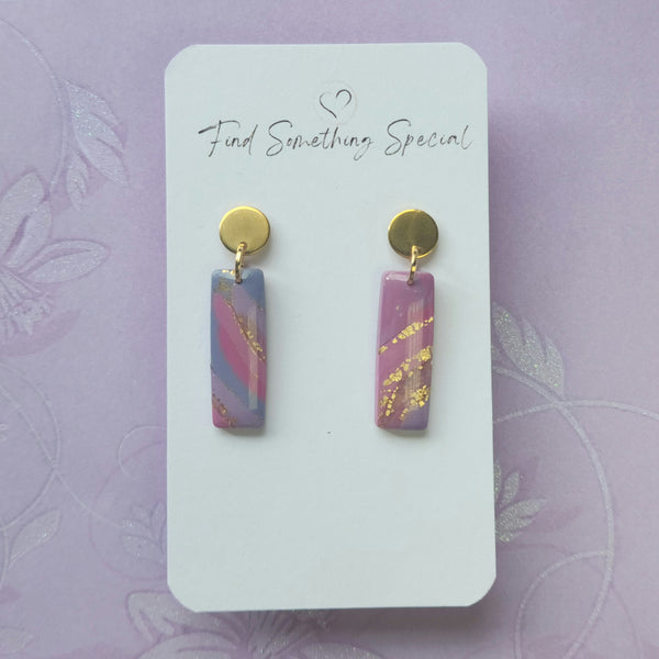 Polymer Clay Earrings - Belle - Pink Purple & Gold - Thin Rectangles