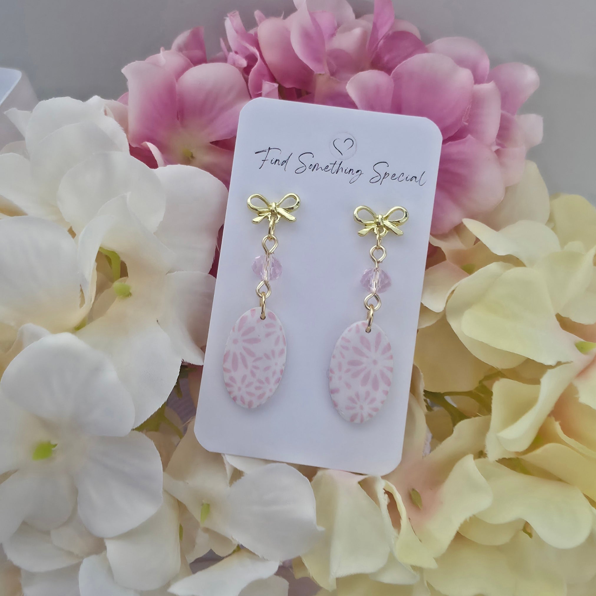 Polymer Clay Earrings - Floral Pink Oval with Crystal Bead and Gold Bow
