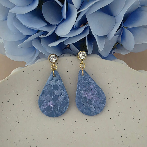 Polymer Clay Earrings - Tear drop with hexagon pattern - Blue