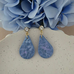 Polymer Clay Earrings - Tear drop with hexagon pattern - Blue