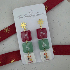 Polymer Clay Earrings - Gold 3 Christmas Tile Stack