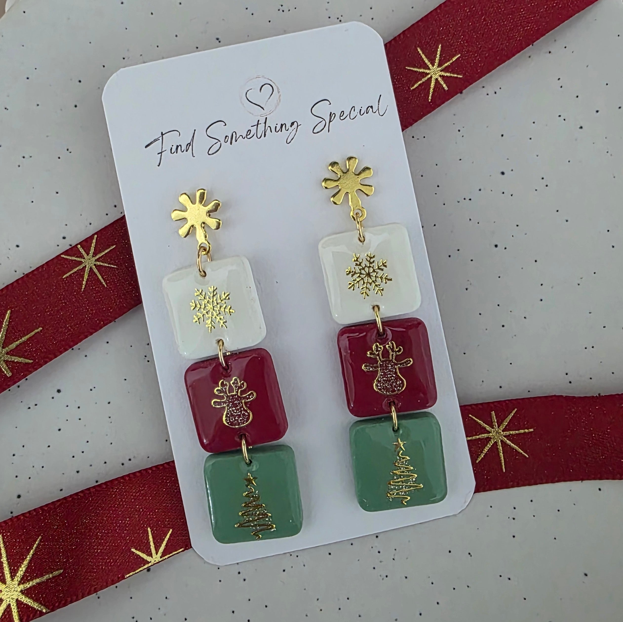 Polymer Clay Earrings - Gold 3 Christmas Tile Stack