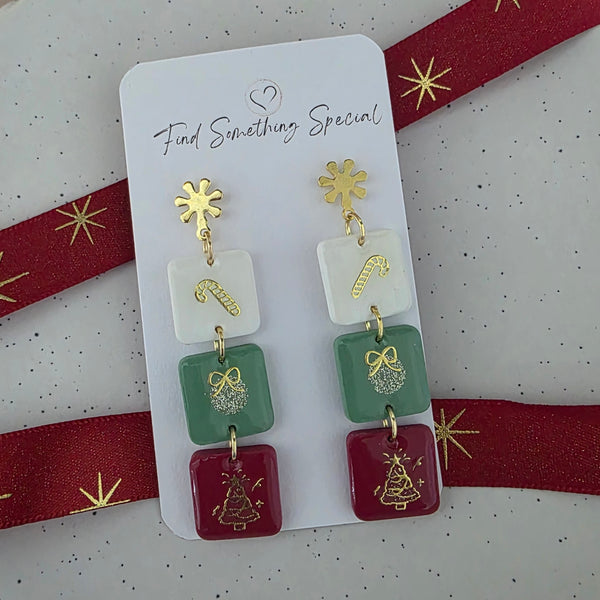 Polymer Clay Earrings - Gold 3 Christmas Tile Stack